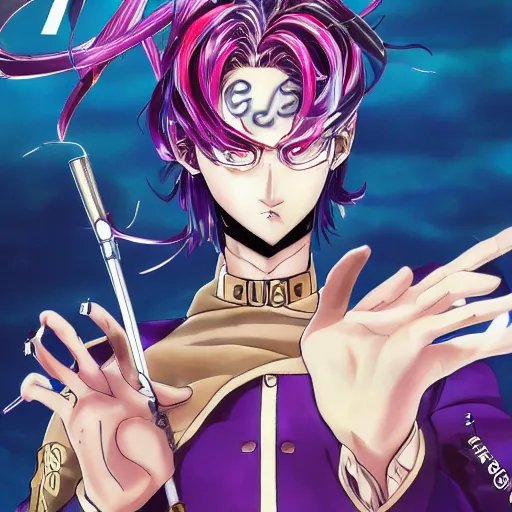 Image similar to Magazine Cover Anime key visual of a Gucci girl; official media; typography; drawn by Hirohiko Araki; Jojo's Bizarre Adventure; Jojolion, portrait, made by Stanley Artgerm Lau, WLOP, Rossdraws, James Jean, Andrei Riabovitchev, Marc Simonetti, Yoshitaka Amano, ArtStation