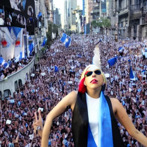 Image similar to Lady Gaga Argentina presidential rally, Argentine flags behind, bokeh, as Evita, epic photo, detailed, Argentina