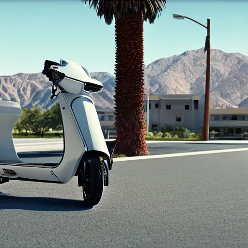 Image similar to 1 9 8 7 honda elite scooter on palm springs road, octane render, 3 d,