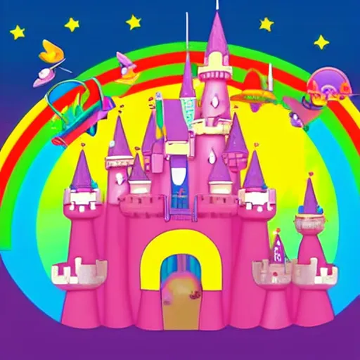 Image similar to small bird with a human head holding a piece of heavy cheese housing a mouse vomiting a rainbow, a big pink fluffy castle with slime canons in the background. small pilot princesses flying in space brownies attacking the fluffy castle