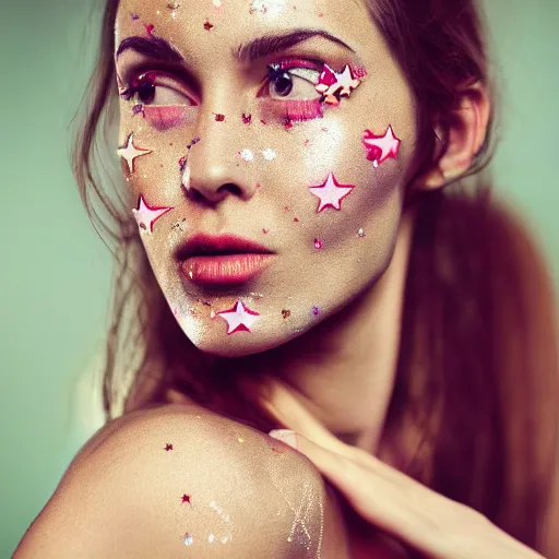 Image similar to portrait of a woman, star stickers on face, natural, light makeup, cinematic, cinematic, focus