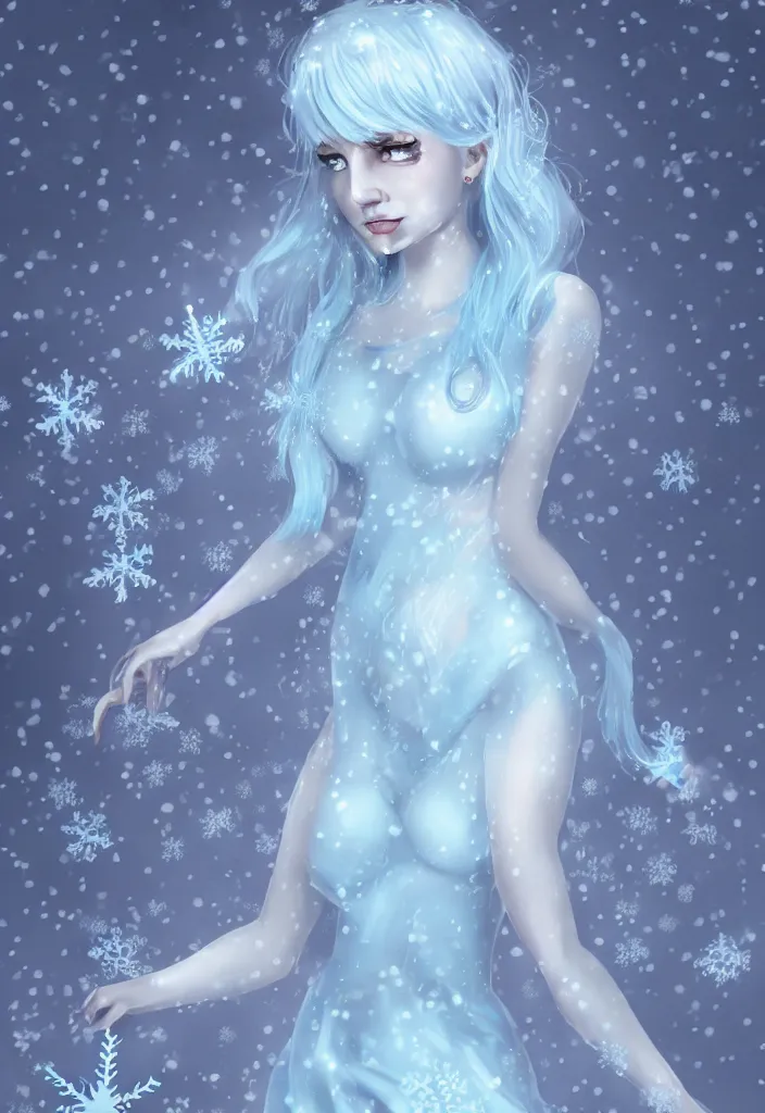 Image similar to full body portrait of a stunningly pretty woman with pale blue hair wearing a dress made out of snowflake in the middle of a snowstorm. award - winning digital art, trending on artstation