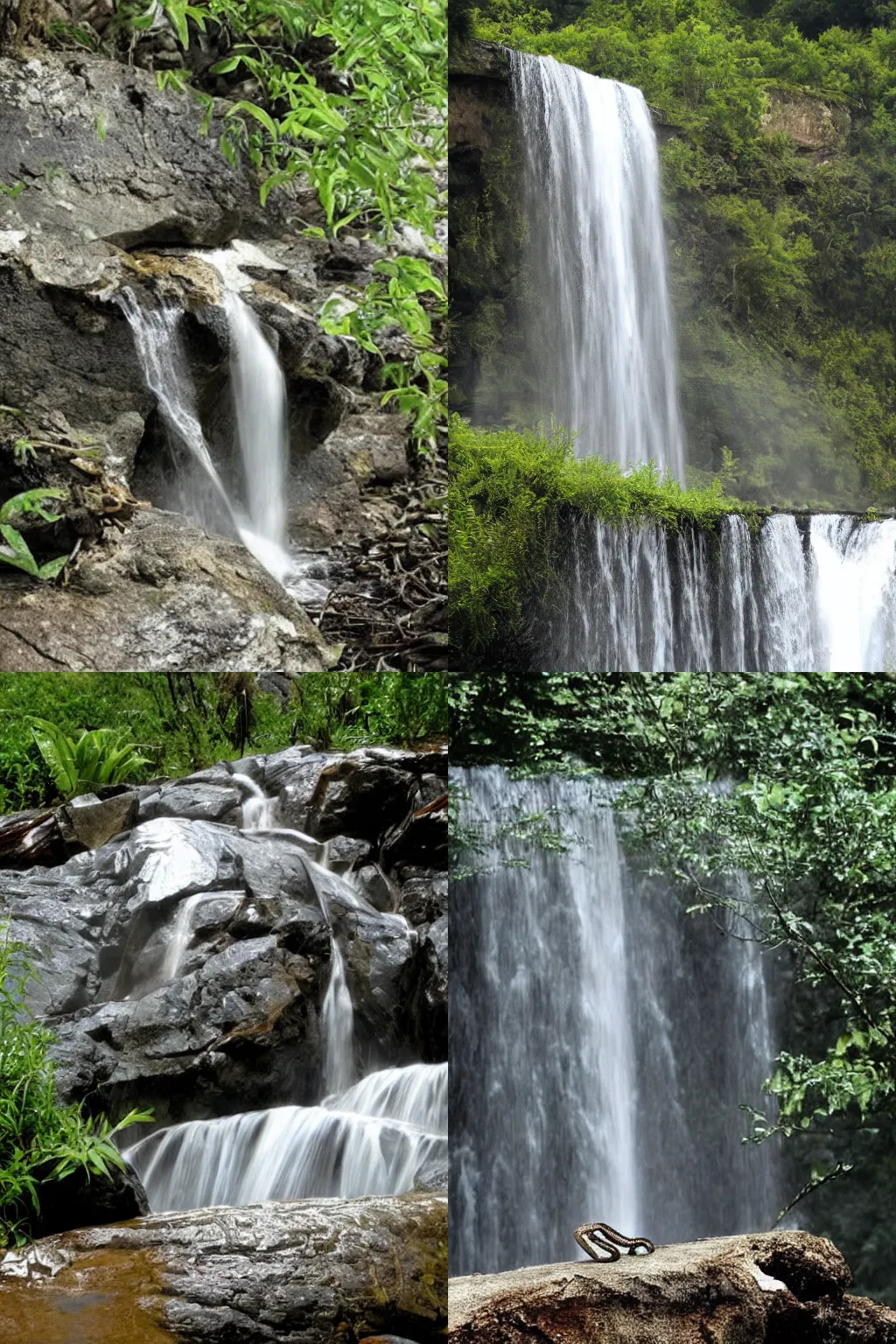 Prompt: A sad snake is crying a waterfall into a lake.