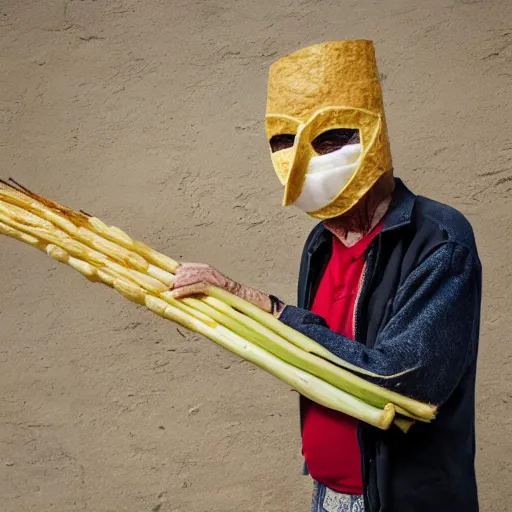 Prompt: an elderly man wearing a mask made from a tortilla, holding a sword made from elote, bold natural colors, national geographic photography, masterpiece, 8 k, raw, unedited, symmetrical balance