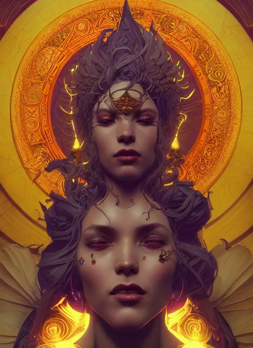 Image similar to Divine cosmic female power, glyphs, magic, artstation, high contrast, dramatic lighting, cgsociety, very detailed, intricate, detailed illustration, by artgerm and greg rutkowski and alphonse mucha, octane render, unreal engine, hyperrealism