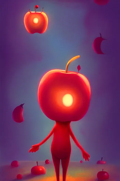 Image similar to a surreal Bioluminescent, very very very cute Red apple in a happy world by Daniel Merriam, Trending on Artstation, oil on Canvas by Elena Zhurikhina and Goro Fujita and Charlie Bowater, octane render, 4k, 8k, HD