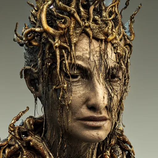 Image similar to photo taken of an epic intricate, ultra detailed, super realistic gritty, wet, lifelike sculpture of an eldritch druid queen by weta workshop, zoomed in shots, sublime subsurface scattering, photorealistic, sharp focus, white wall coloured workshop, desaturated, cold colour temperture, f 2, face centred, golden ratio, golden hour