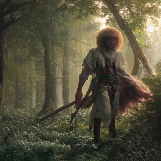 Image similar to an ultra detailed matte painting of bob ross dressed as a wandering elf druid, silver hawk animal companion, d & d, fantasy concept art by alphonse mucha and greg rutkowski, octane render, 8 k, detailed face