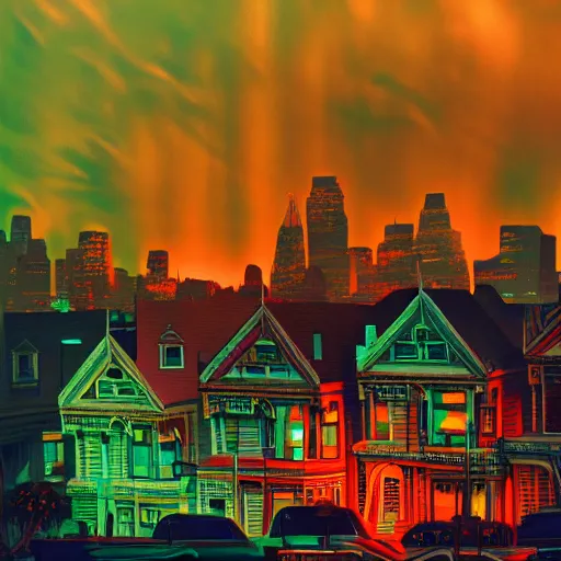 Image similar to a photograph of the painted ladies in san francisco runes mythology foggy high contrast neon artstation cyberpunk dreamscape high definition