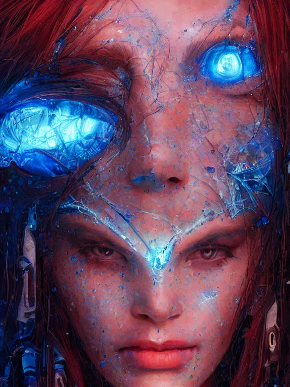 Prompt: closeup portrait of a transparent beautiful cyborg girl angroid, shattered glass skin, glowing iris, cinematic light, backlight glow, red sky blue, mist, by mikhail vrubel, by philippe druillet, by peter elson, by gerald brom, muted colors, extreme detail, trending on artstation, 8 k