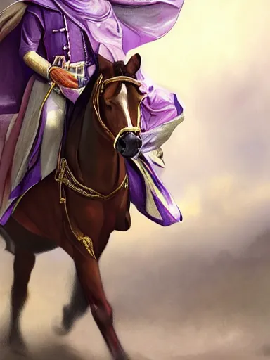 Prompt: a handsome man weaing a purple silk robe, happy and disarmed, laurels of glory, returns to home triunphantly mounted in a horse. full of pride. victorirous. prideful.. intricate, elegant, highly detailed, digital painting, artstation, concept art, sharp focus, illustration, by justin gerard and artgerm, 8 k