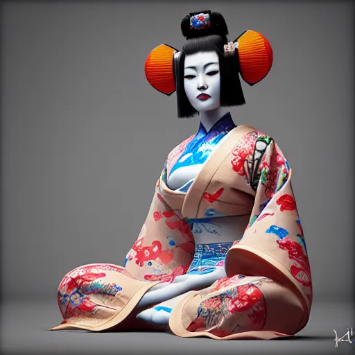 Image similar to an android geisha in a lotus position wearing a flowing kimono and tattoos, octane render, unreal engine, 8 k, cinematic, artwork by ilya kuvshinov