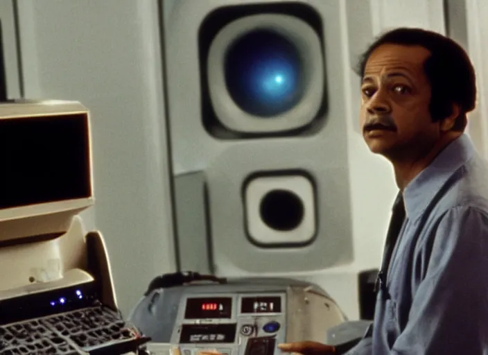 Image similar to film still of young old Cheech Marin with HAL 9000 computer in the background as Dr. Dave Bowman in 2001 A Space Odyssey