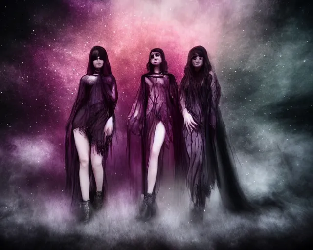 Image similar to three stunning otherworldly gothic goddesses of beauty wearing psychedelic wicca, full body, dark and mysterious, atmospheric, ominous, eerie, cinematic light, epic, 8 k 3 d, ultra detail, ultra realistic