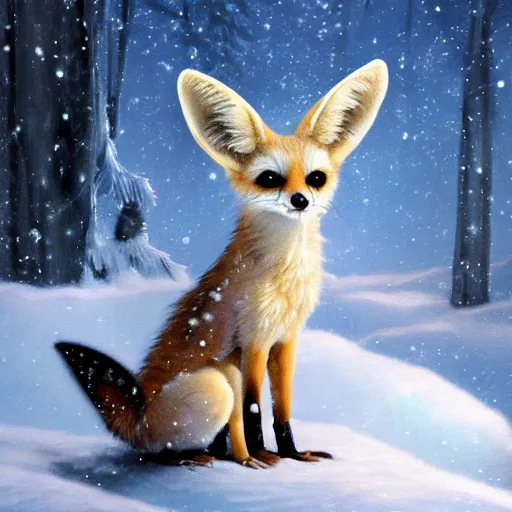 Prompt: Baroque painting of a cute fennec fox in a winter wonderland, artstation, exquisite detail