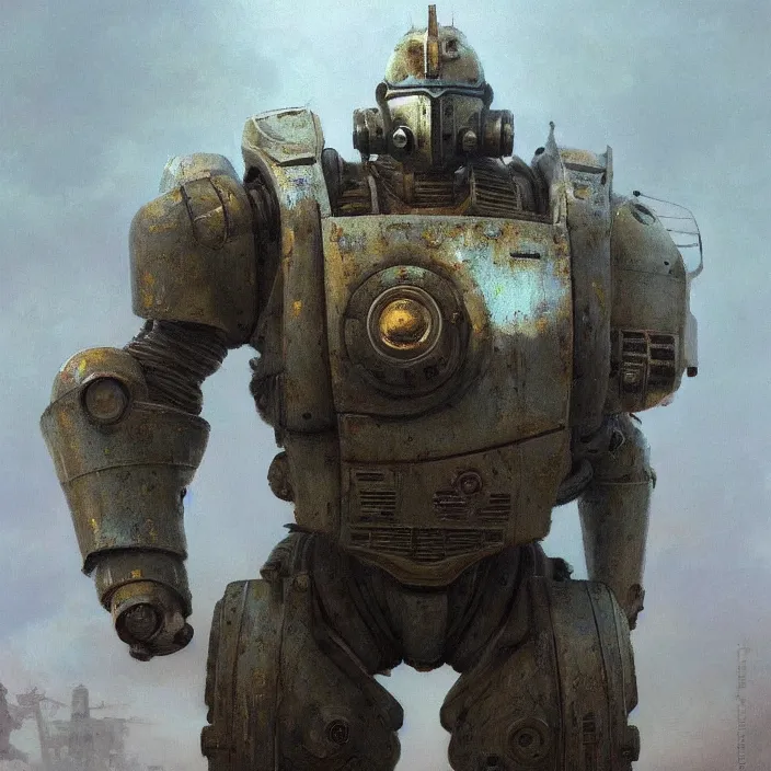 Image similar to a beautiful oil painting of a t - 5 1 power armor, fallout, fallout 4 by ivan aivazovsky and greg rutkowski and james gurney and frank lloyd and sung choi and monet, in style of impressionnisme. hyper detailed, sharp focus, soft light. unreal engine 5 lumen. ray tracing. trending on artstation. oil on canvas