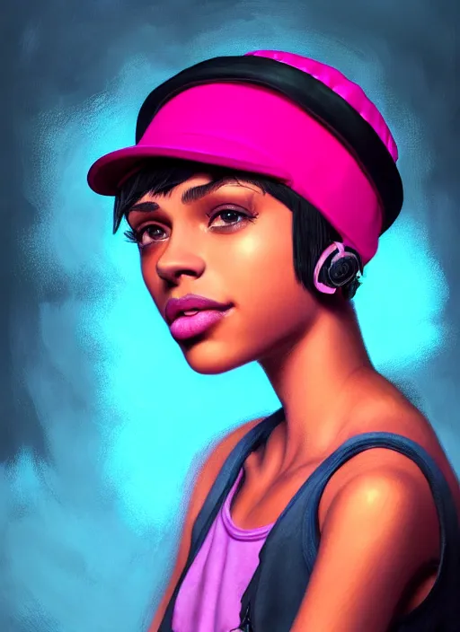 Image similar to portrait of teenage vanessa morgan with bright pink hair, black girl, curly pixie cut hair, wearing newsboy cap, pink short haircut, newsboy cap, hoop earrings, blue eyes, intricate, elegant, glowing lights, highly detailed, digital painting, artstation, concept art, smooth, sharp focus, illustration, art by wlop, mars ravelo and greg rutkowski