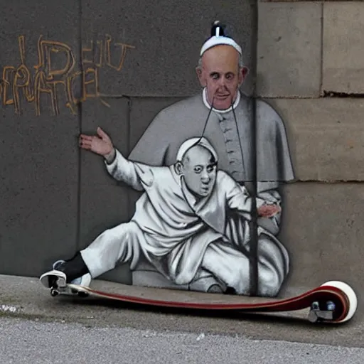 Image similar to pope francis riding a skateboard by banksy