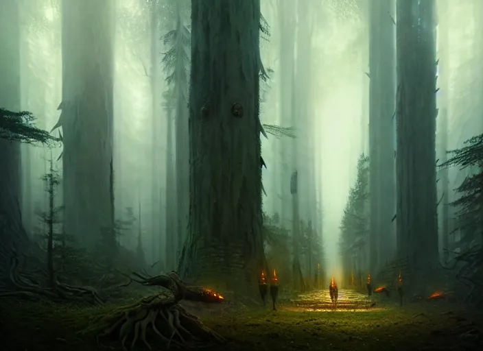 Image similar to the forest council, gods, environment, illustration, symmetrical, smoky, unreal engine, colors, epic scene, fantasy art by greg rutkowski, octane redner, golden raito, high quality, intricate details, highly details, intricate, atmosphere, highly detailed, matte painting, cinematic, deviantart, realistic, concept art, 4 k