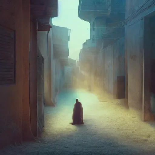 Prompt: old jeddah city alley, roshan, old shops, horse, magical glowing sand gateway to another dimension, a man wearing a white robe standing watching over, dramatic lighting, dawn, by caspar david friedrich by beeple and james gilleard and justin gerard, centered, artstation, smooth, sharp focus, photoreal octane render, 3 d, by jean baptiste monge