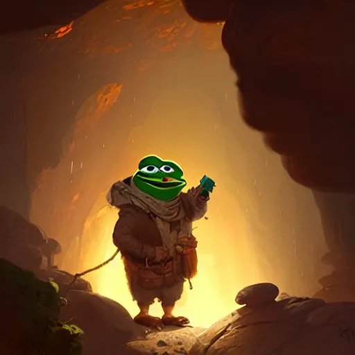 Image similar to happy pepe the miner in the cave, greg rutkowski