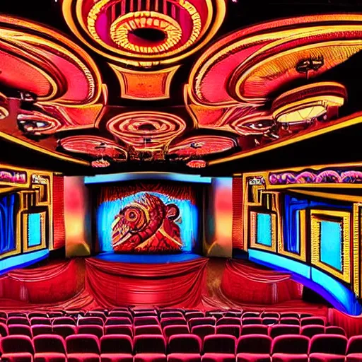 Image similar to an ornate art deco movie theater, dslr, beautiful, colorful,