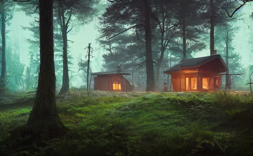 Prompt: a cottage in a forest, rendered by simon stalenhag, beeple, makoto shinkai, syd meade, environment concept, digital art, unreal engine, wlop, trending on artstation, low level, 4 k uhd image, octane render,