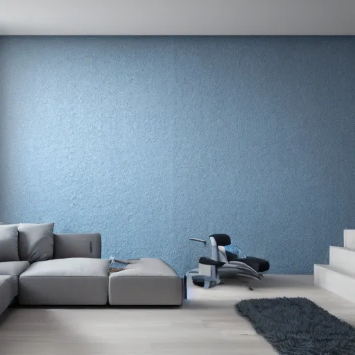 Prompt: interior of a villa, modern minimal design, pour paint art as wall texture, blue, grey, white, photorealist, 4 k