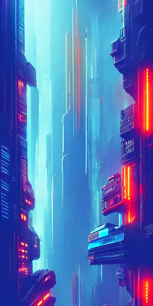 Image similar to epic cyberpunk cityscape, blue and orange tones : : blade runner, james guilleard, beeple, laurie greasley, dan mcpharlin : : ornate, dynamic, particulate, rich colors, intricate, elegant, highly detailed, centered, artstation, smooth, sharp focus, octane render, 3 d