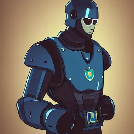 Image similar to Character design police man, man in dark blue full, concept art character, very high angle view,left arm of the robot, book cover, very attractive man with beard, walking in cyberpunk valley highly detailed full body, strong masculine features, sturdy body, command presence, police man!!, royalty, smooth, sharp focus, organic, appealing, deep shadows, sketch lineart for character design