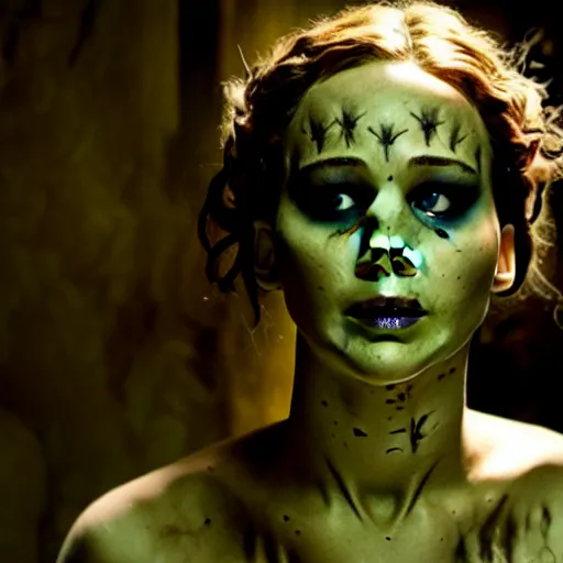 Image similar to jennifer lawrence as frankenstein's monster, color photography, sharp detail, still from the movie