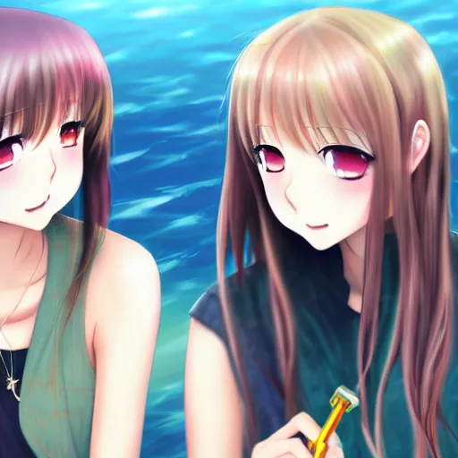 Prompt: two beautiful lesbian girls in love, smoking from a weed bong, sitting in front of a lake, in the style of anime, close - up, highly detailed face, 4 k, artstation, intricate, elegant, highly detailed, lush, stylized, japanese, smooth