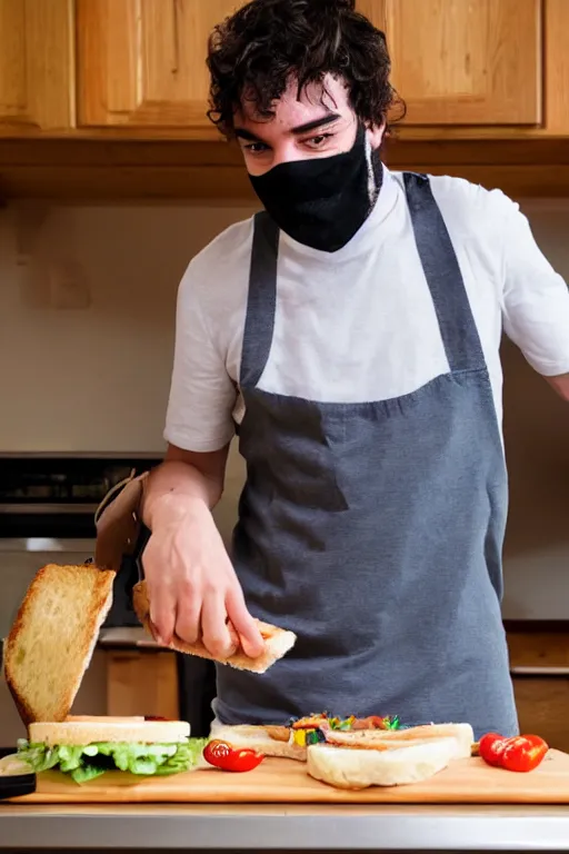 Prompt: a schoolboy in a Guy Fawkes mask makes sandwiches on the kitchen table
