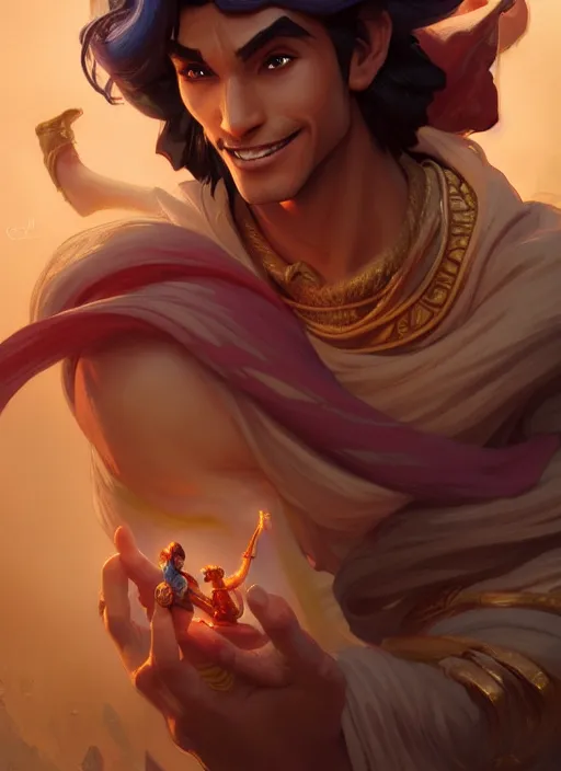 Image similar to aladdin, d & d, fantasy, intricate, elegant, highly detailed, digital painting, artstation, concept art, matte, sharp focus, illustration, hearthstone, art by artgerm and greg rutkowski and alphonse mucha