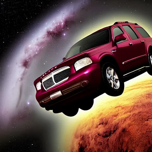 Image similar to a burgundy 2 0 0 3 mercury mountaineer flying through space, amazing detail, photorealistic, space photography, award - winning,