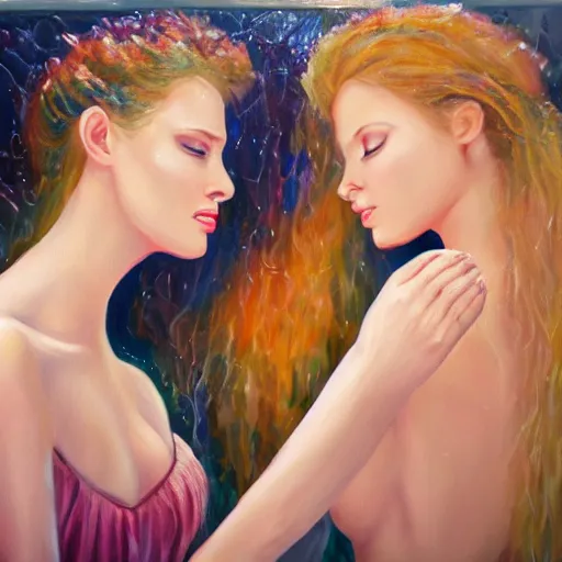 Prompt: an oil painting of two women under water holding hands, photo realistic, intricate details, flowing dresses and hair, volumetric lighting, Jennifer packer style