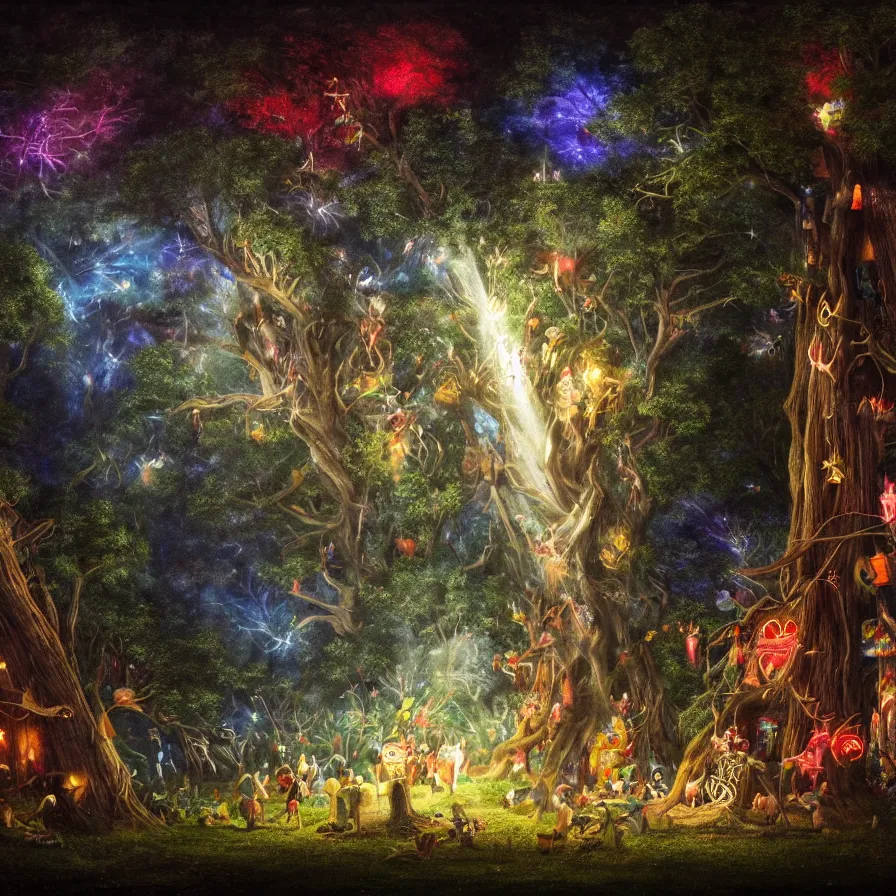 Image similar to closeup of a night carnival inside a tree cavity in a magical forest in the middle of a summer storm, with a music scenario with many fireworks and christmas lights, volumetric lightning, instense god rays in the sky, folklore people disguised with fantastic creatures in a magical forest by summer night, masterpiece painted by william henry hunt, scene by dark night environment, refraction lights,