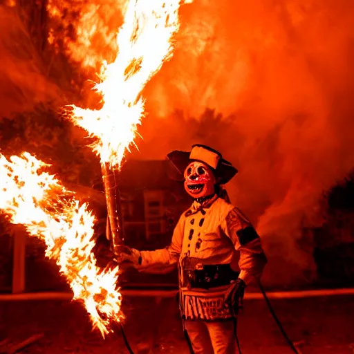 Image similar to photo of a clown using a flamethrower projecting a long bright flame towards a fire, award-winning, highly-detailed, 8K