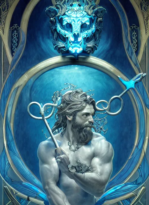 Image similar to the god poseidon with trident, glowing eyes, volumetric lights, blue and cyan scheme, art nouveau botanicals, gothic, intricate, highly detailed, digital painting, artstation, concept art, smooth, sharp focus, symmetric face, illustration, art by artgerm and greg rutkowski and alphonse mucha