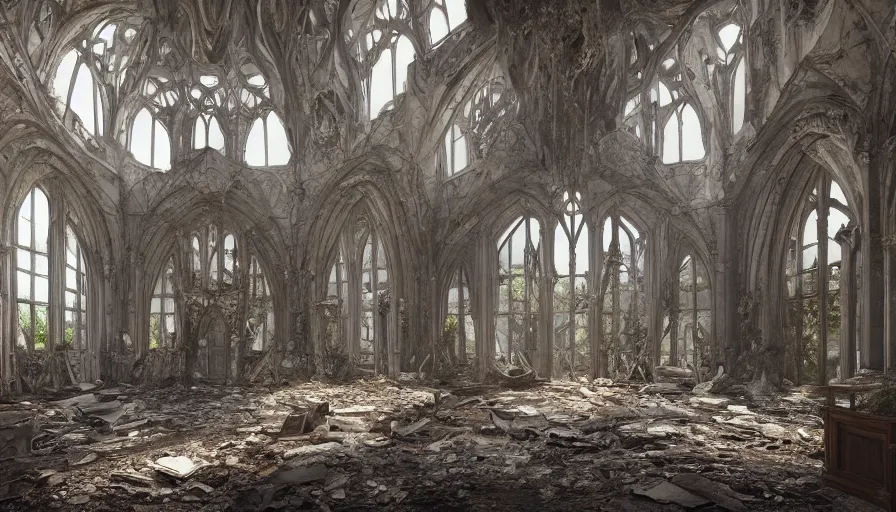 Prompt: Interior of a destroyed abandoned Neo-Gothic manor, hyperdetailed, artstation, cgsociety, 8k