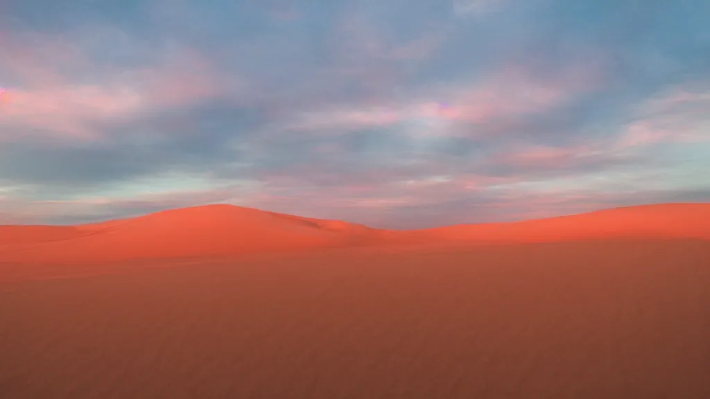 Prompt: The sand dunes under the pink clouds backlit by the sun