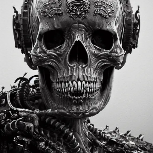 Image similar to portrait of a space pirate skull. intricate abstract. intricate artwork. nightmare fuel. terrifying. by Tooth Wu, wlop, beeple, dan mumford. octane render, trending on artstation, greg rutkowski very coherent symmetrical artwork. cinematic, hyper realism, high detail, octane render, 8k, iridescent accents, black and white