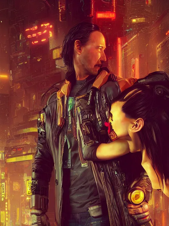 Image similar to a cyberpunk 2077 couple portrait of Keanu Reeves&female android in kiss,love,film lighting,by Laurie Greasley,Lawrence Alma-Tadema,Dan Mumford,artstation,deviantart,FAN ART,full of color,Digital painting,face enhance,highly detailed,8K,octane,golden ratio,cinematic lighting