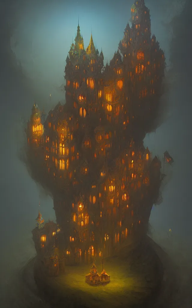 Prompt: a beautiful dark vintage abstract castle by Raja Ravi Varma and Gediminas Pranckevicius, trending on ArtStation.