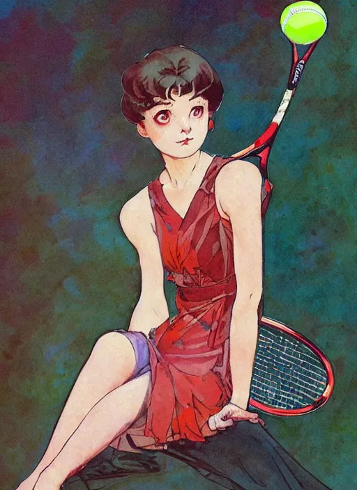 Prompt: a copic maker art nouveau portrait of a russian beautiful girl with sad face wearing a tennis player outfit inspired in inuyasha clothes by john berkey norman rockwell