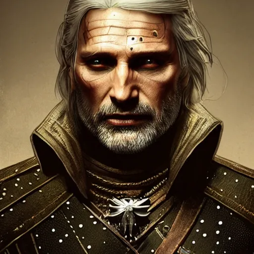 Prompt: Full body view mads mikkelsen as the Witcher from the witcher 3, beautiful, intricate, highly detailed, digital painting, artstation, oppressive lighting, fashion concept art, sharp focus, illustration, art by greg rutkowski and alphonse mucha