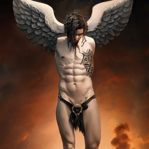 Image similar to beautiful androgynous fallen angel with tattoos on his body being cast from heaven, intricate, hd, high detailed, 4 k, art by greg rutkowski