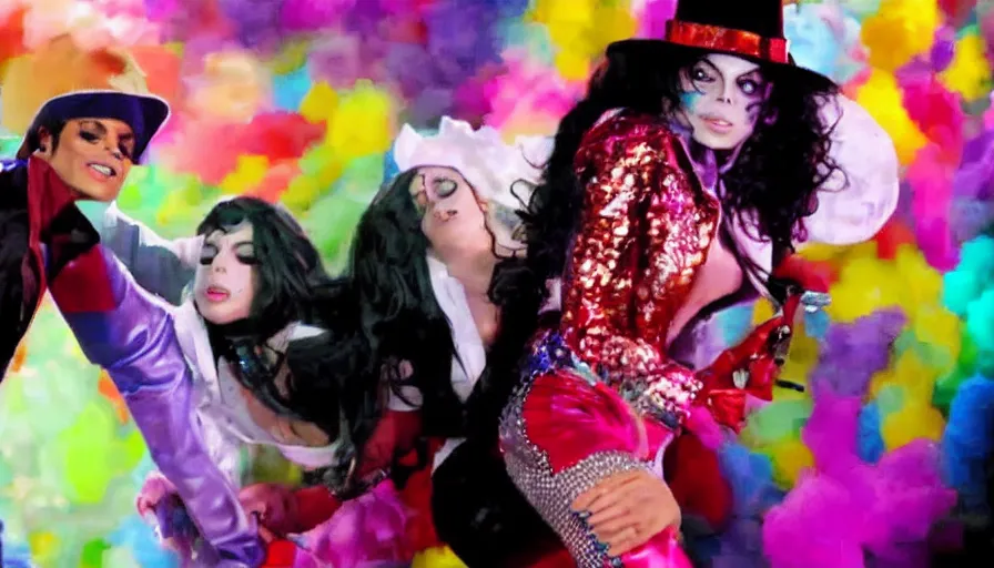 Image similar to michael jackson and lady gaga in a colorful music video from 2 0 1 3