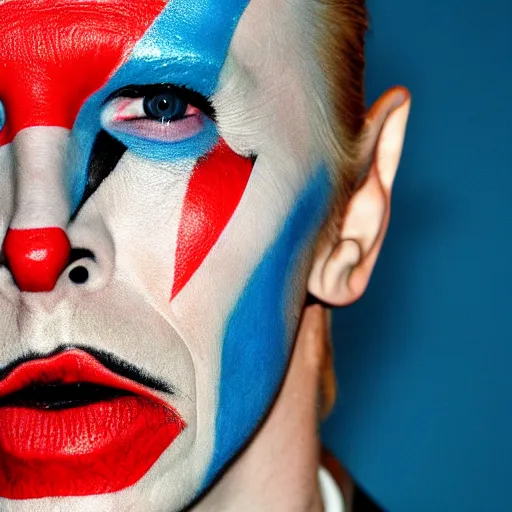 Image similar to david bowie face painted into one side white one side black singing into microphone on top of a spaceship