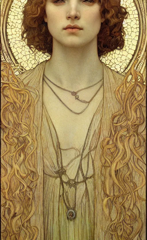 Image similar to detailed realistic beautiful young medieval queen face portrait by jean delville, alphonse mucha, vincent van gogh, and marco mazzoni, art nouveau, symbolist, visionary, gothic, pre - raphaelite